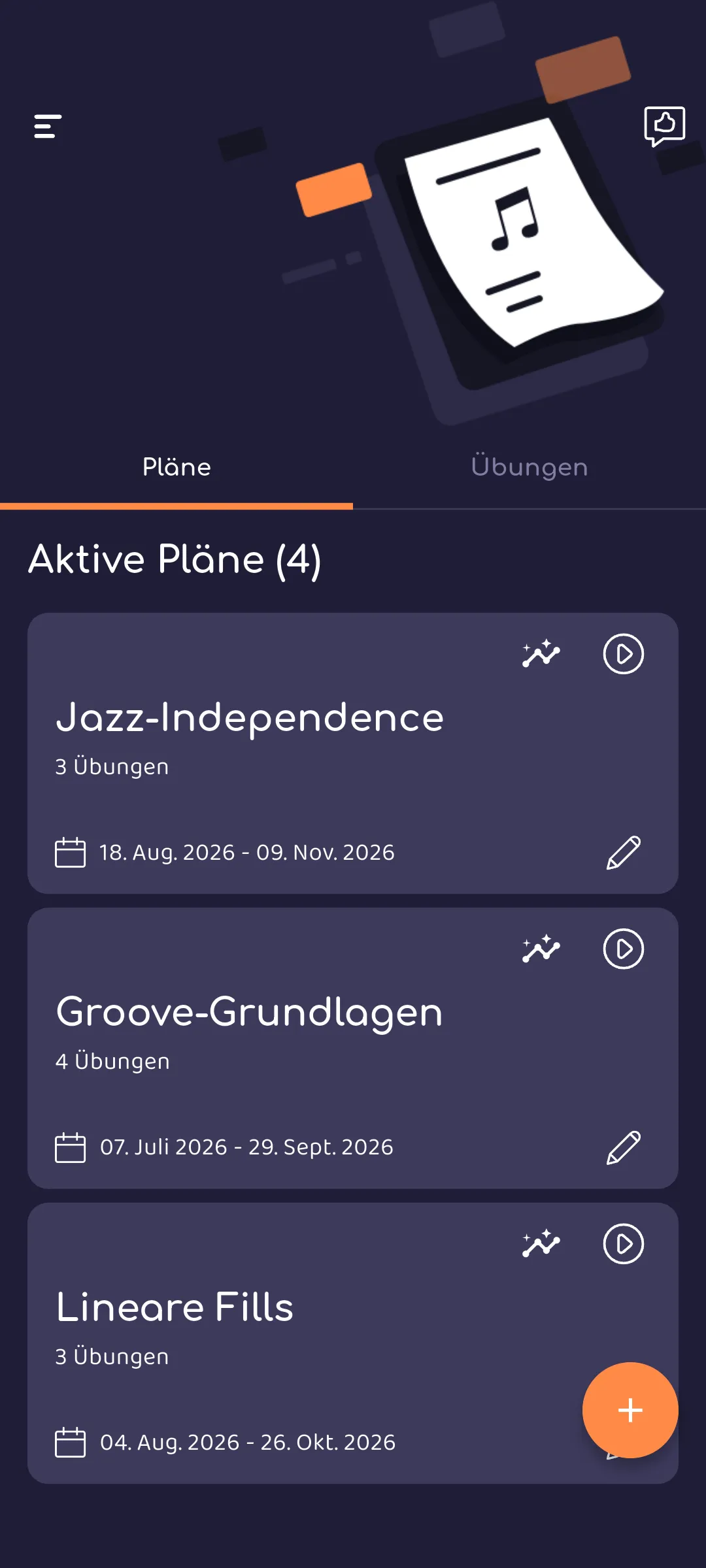 Drumbitious-Dashboard mit drei aktiven Übeplänen