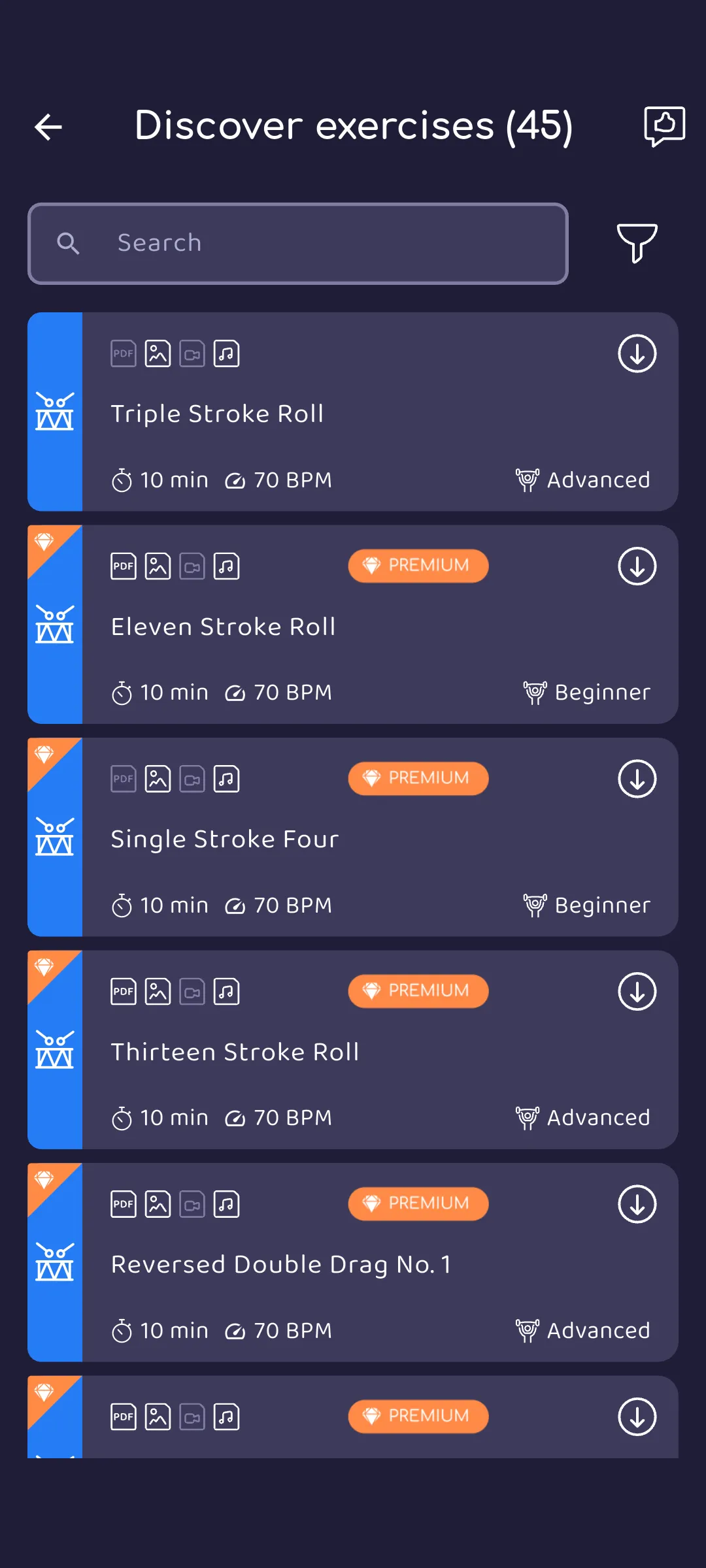 Exercise library with rudiments such as Triple Stroke Roll and Eleven Stroke Roll