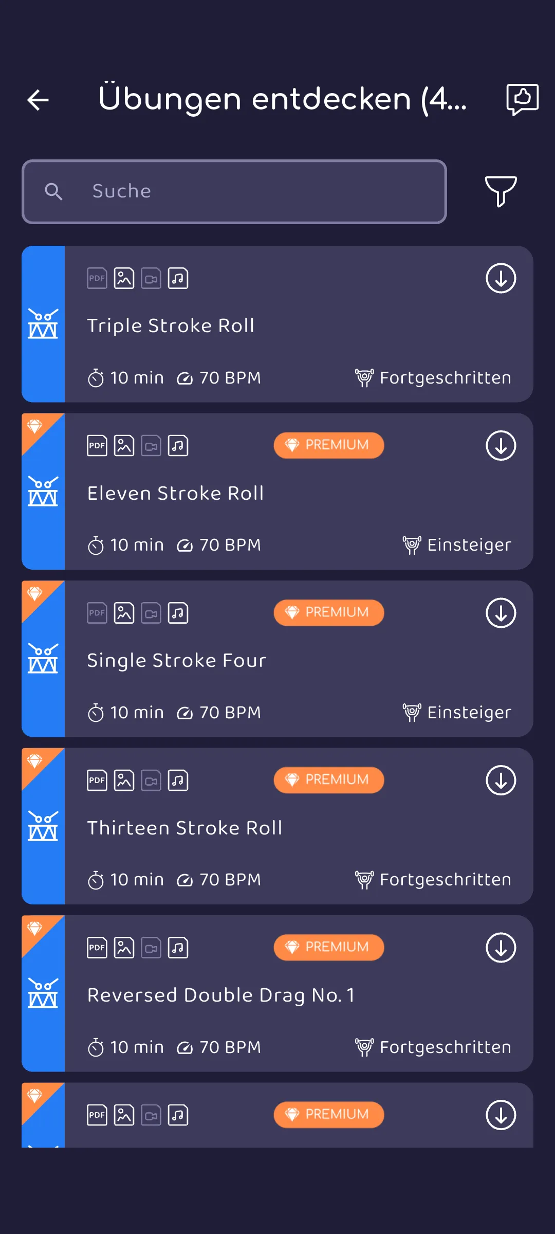 Übungsbibliothek mit Rudiments wie dem Triple Stroke Roll