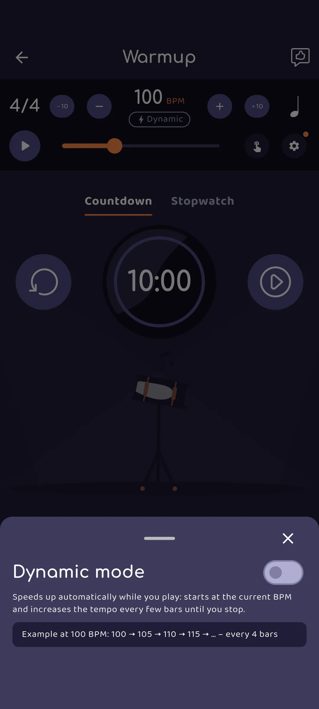 Dynamic mode sheet in the Drumbitious metronome: speeds up automatically, example 100 → 105 → 110 → 115 BPM every 4 bars