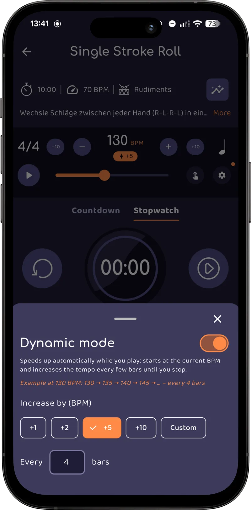 Drumbitious Dynamic mode sheet: the metronome at 130 BPM with a +5 chip, set to increase by +5 BPM every 4 bars